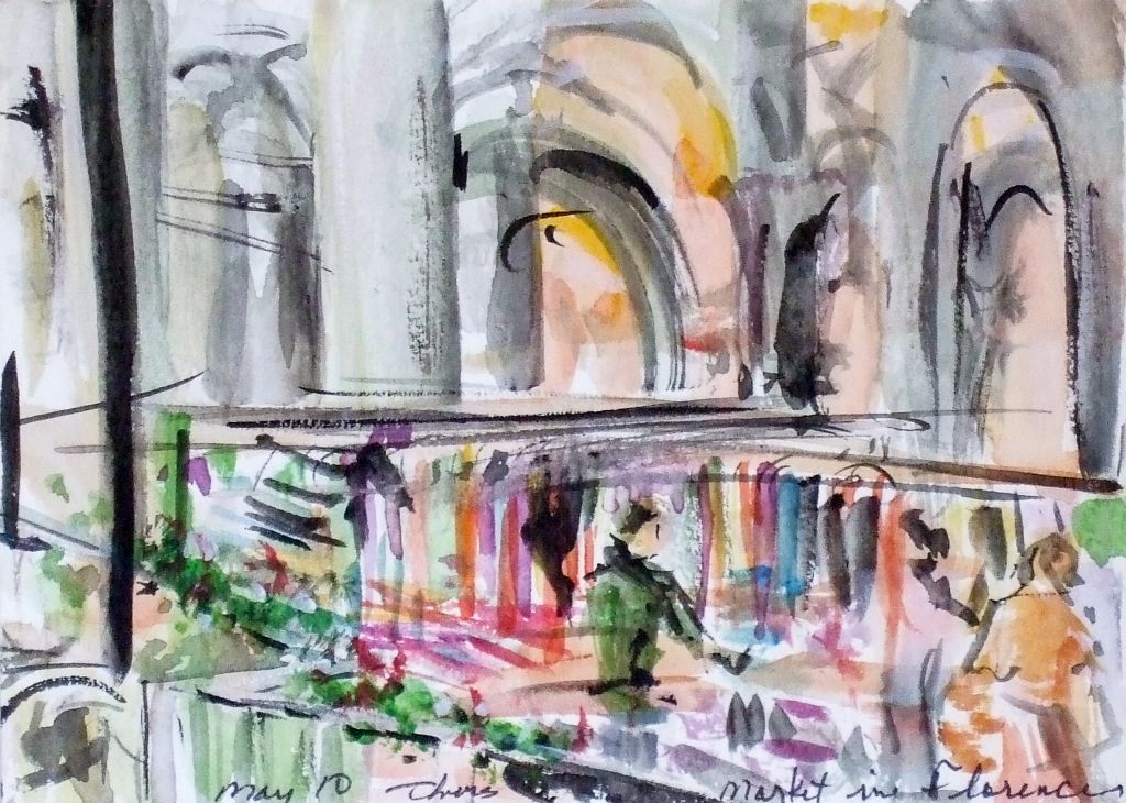 Market in Florence, watercolor on paper, 5"H x 7"W